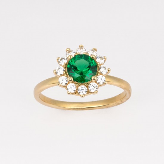 Χρυσό Κ14 Δακτυλίδι ροζέτα με πράσινο και λευκά ζιργκόν 107928