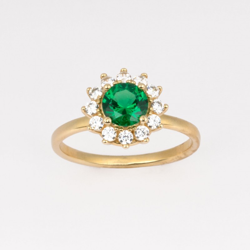 Χρυσό Κ14 Δακτυλίδι ροζέτα με πράσινο και λευκά ζιργκόν 107928