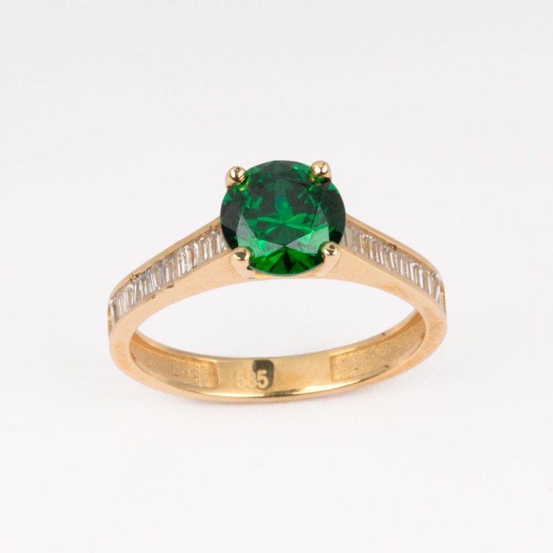 Χρυσό Κ14 Δακτυλίδι με πράσινο και λευκά ζιργκόν 108461