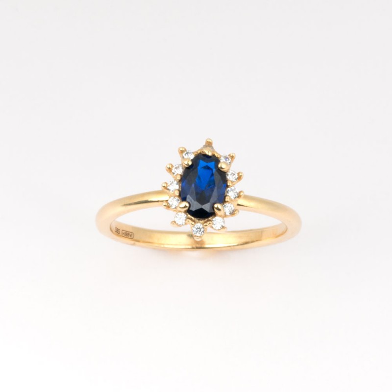 Χρυσό Κ14 Δακτυλίδι Ροζέτα με μπλε και λευκά ζιργκόν 108484