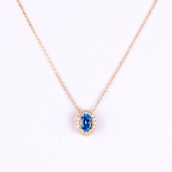 Χρυσό Κ14 Κολιέ ροζέτα με μπλέ Ζιργκόν 109012