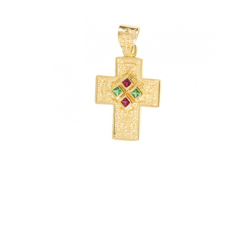 Gold K14 Byzantine Cross with Red and Green CZ 99125