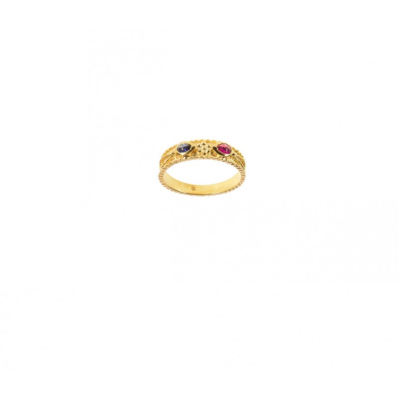 Gold K14 Byzantine Ring with Blue and Red Stone
