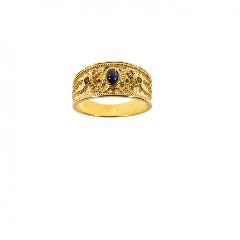 Gold K14 Byzantine Ring with Blue, Green and Red Stone 99120