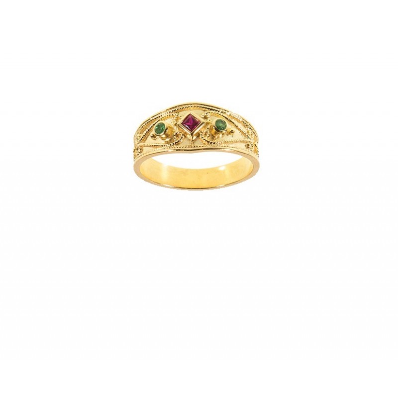 Gold K14 Byzantine Ring with red and green stones 99121