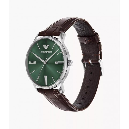 EMPORIO ARMANI Men's Watch with Green Dial and Brown Leather Strap AR11672