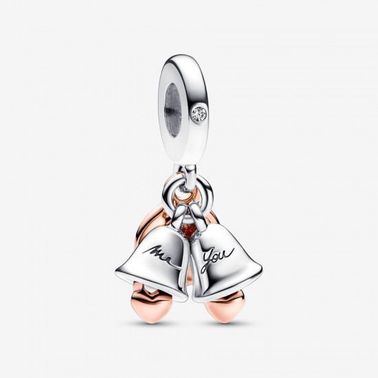 Pandora Two-tone Wedding Bells Double Dangle Charm "Just Married" 782592C01 Pandora Two-tone Wedding Bells Double Dangle Charm "Just Married" 782592C01