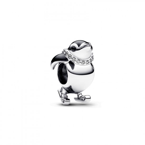 PANDORA Skiing penguin sterling silver charm with clear cubic zirconia and black enamel 792988C01