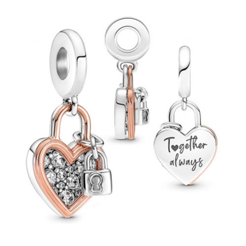 Pandora Κρεμαστό ασ. 925 & με επίστρωση ροζ χρυσού 14Κ & κυβ. ζιρκόνια, κλειδαριά με καρδιά 780087C01