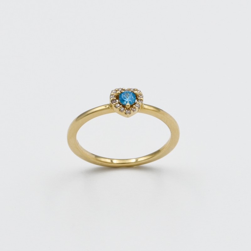Χρυσό Κ14 δακτυλίδι με γαλάζια καρδιά και ζιργκόν 99082