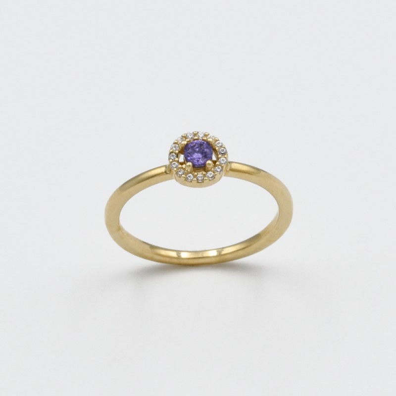 Χρυσό Κ14 δακτυλίδι με μωβ πέτρα και ζιργκόν 99099