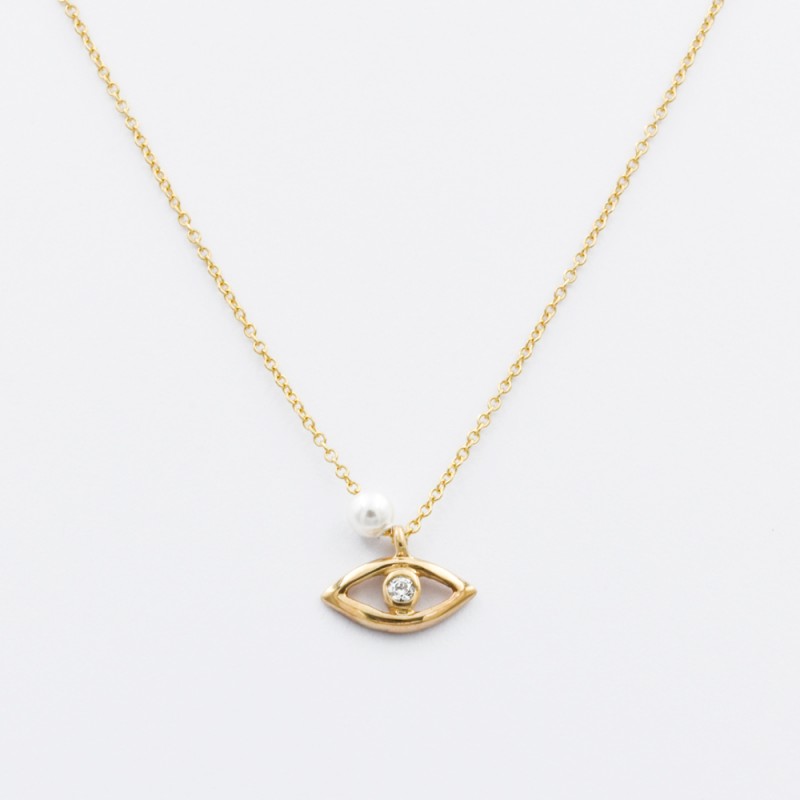 Gold K14 Necklace with Evil eye and pearl 100271